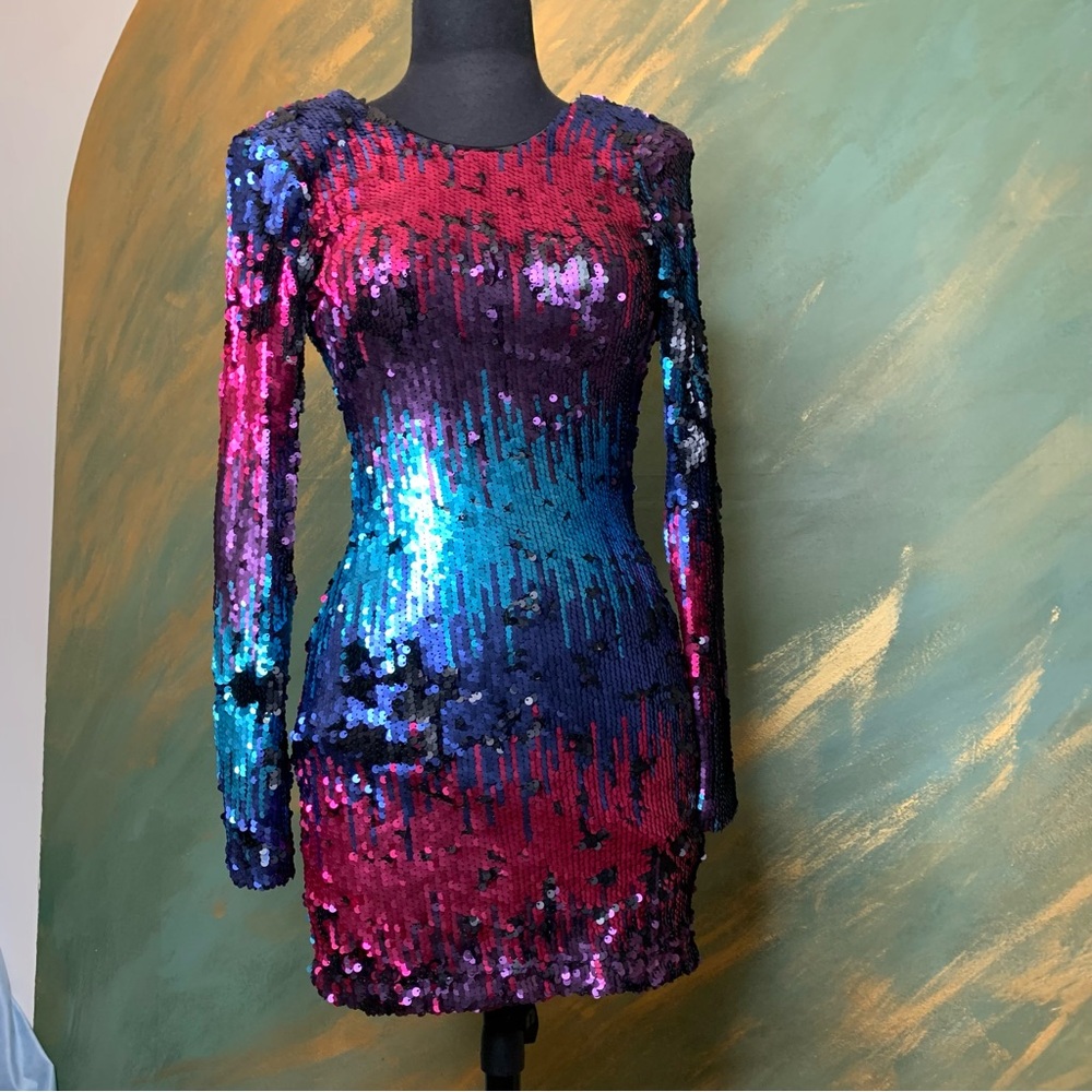 Chic long sleeve, backless Nasty Gal dress with blue, pink, black sequins. XS